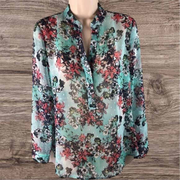 Kut From The Kloth Semi Sheer Swiss Dot Long Sleeve Floral Blouse Women’s Small - Picture 1 of 9